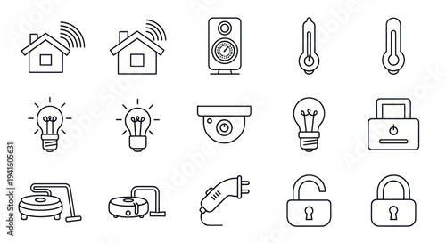 Smart Home Device Icons: Line Art Collection of Connected Technology.