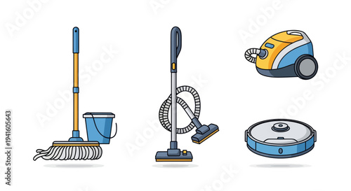 Colorful cartoon set of cleaning tools: mop bucket and various vacuum cleaners.
