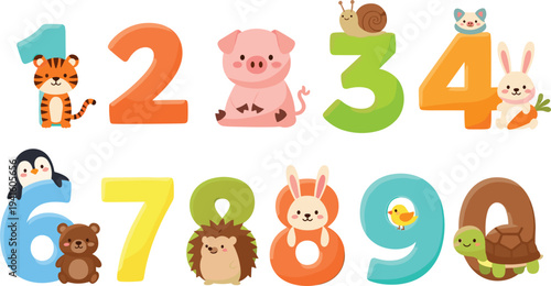 Cute Animal Numbers Vector Illustration Featuring Cartoon Wildlife Characters with Colorful Digits for Kids Learning