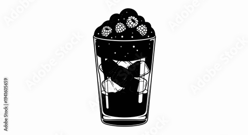 A black and white illustration of a refreshing drink with ice and berries
