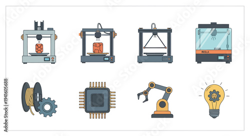 Collection of Various 3D Printers and Related Technology Icons.