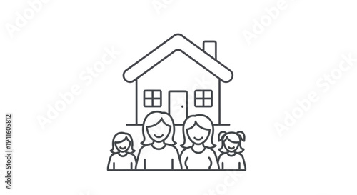 Line art icon of a same-sex family with two mothers and two daughters in front of a house.