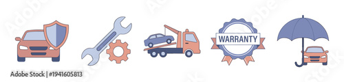 Set of car insurance service icons showing vehicle protection with a shield, repair with a wrench, a tow truck for roadside assistance, a warranty badge, and coverage with an umbrella