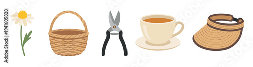 Collection of gardening and leisure items including a daisy, wicker basket, pruners, tea cup, and sun visor in a charming flat vector illustration style for a cozy hobby concept