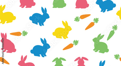 Colorful bunny rabbits and carrots in seamless pattern design for easter celebration background