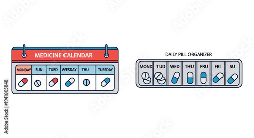 Illustrated Medicine Calendar and Daily Pill Organizer for Medication Management.