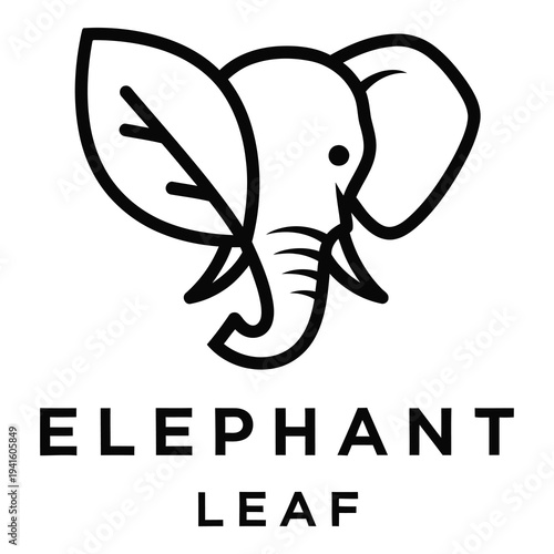 Black and white illustration of elephant head with leaf  eco friendly symbol icon