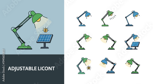 Adjustable desk lamps with solar panels and lightbulbs energy concept.