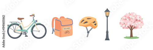 Collection of urban life vector illustrations featuring a bicycle, delivery backpack, helmet, lamppost, and a blooming cherry tree in a flat, minimalist cartoon style