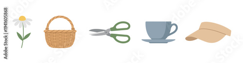 Set of five illustrated icons depicting a daisy flower, wicker basket, garden scissors, teacup, and sun visor for a hobby or leisure concept in a flat, minimalist style