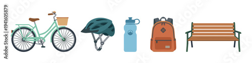 Collection of outdoor activity equipment icons including a bicycle, helmet, water bottle, backpack, and park bench in a flat, textured vector illustration style for active lifestyles