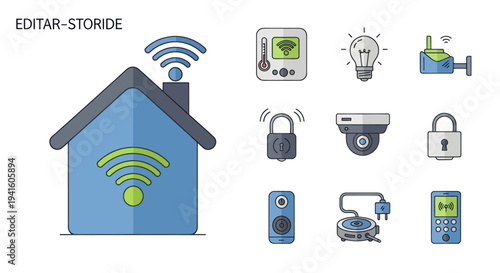 Smart Home Technology Icons: House Security and Appliances.