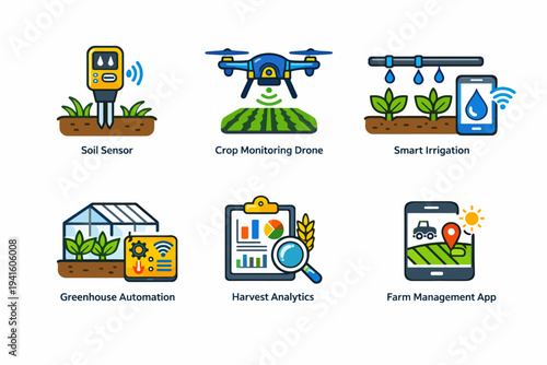 Smart agriculture technology icons: sensors, drones, automation, analytics, management