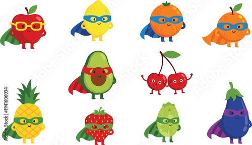 Cute Superhero Fruit Characters Vector Illustration Set Featuring Apple Lemon Orange Avocado Pineapple and Berry Mascots