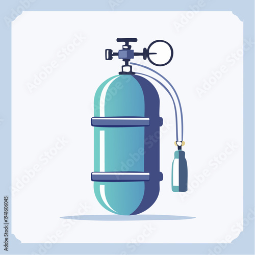 Dynamic illustration of a scuba diving oxygen tank featuring a regulator and pressure gauge, vital for underwater adventures