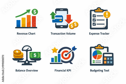 Financial icons: revenue chart, transaction volume, expense tracker, balance overview, financial kpi, budgeting tool