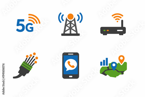5g network icons: tower, router, fiber optics, smartphone, and map signals