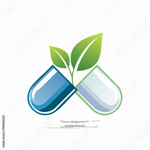 Vibrant illustration of a pharmaceutical capsule containing lush green leaves, representing natural health and holistic well-being