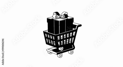 A black and white illustration of a shopping cart filled with a gift box