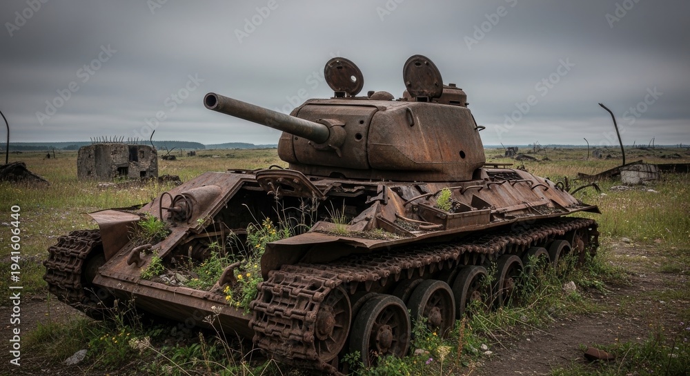 Fototapeta premium Abandoned Rusty Military Tank in Overgrown Field