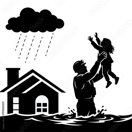 Minimalist black silhouette illustration of a flood rescue lifting a child above floodwaters near a house in rain, ideal for awareness campaigns, posters, and safety materials.