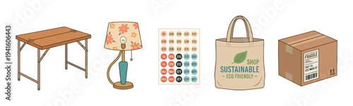 Collection of illustrated garage sale items including a folding table, vintage lamp, price stickers, tote bag, and cardboard box for a flea market or moving day concept
