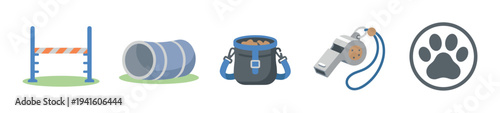 Dog training and agility equipment icon set with a jump hurdle, tunnel, treat pouch, whistle, and paw print symbol for canine sports and obedience concepts in a flat vector style