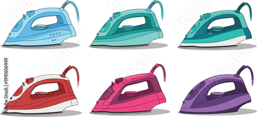 Electric Steam Iron Collection Vector Illustration Featuring Household Appliance in Different Colors Isolated on White Background