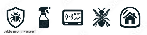 Pest control service icon set with bug shield, spray bottle, monitoring device, and home protection symbols for disinfection and extermination services