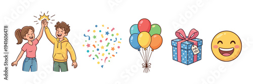 Set of colorful cartoon celebration icons featuring happy friends giving a high five, confetti, balloons, a gift box, and a smiling emoji for party and holiday themes