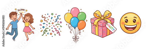 Set of cute cartoon party elements featuring happy kids giving a high five, colorful confetti, balloons, a gift box with a bow, and a smiling emoji for a fun celebration
