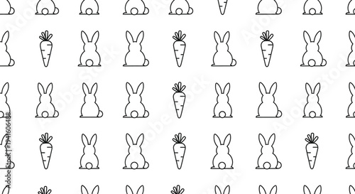 Seamless pattern featuring cute easter bunnies and carrots in black and white vector illustration design