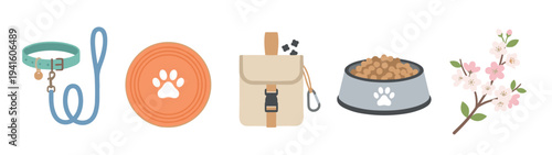Illustrated dog walking and feeding accessories set with a collar, leash, frisbee, treat bag, food bowl, and a blooming flower branch on display