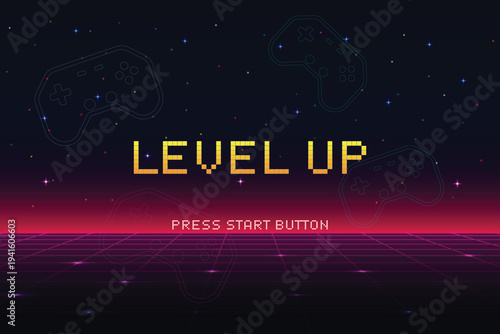 Level up. pixel art 8 bit. Retro Futurism Sci-Fi Background. glowing neon grid. and stars from vintage arcade computer games. 