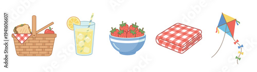 Collection of cute picnic items including a wicker basket with a sandwich, a glass of lemonade, a bowl of strawberries, a gingham blanket, and a colorful kite in a flat illustration style