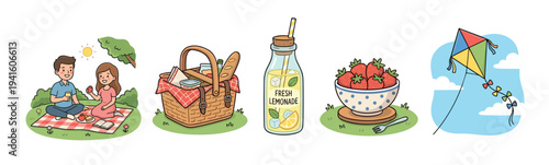Set of cute hand drawn picnic illustrations showing a happy couple, wicker basket, lemonade, strawberries, and a kite for a lovely summer day outdoors in a cartoon doodle style