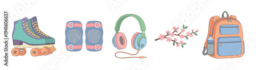 Collection of illustrated spring activity items including roller skates, knee pads, headphones, a cherry blossom branch, and a backpack, all drawn in a cute pastel cartoon style