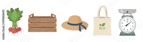 Farmers market themed vector illustration set with a bunch of radishes, an empty wooden crate, a straw sun hat, a canvas eco bag, and a vintage weighing scale for groceries
