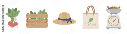 Set of farmers market vector illustrations with radish, a wooden crate, straw hat, reusable tote bag, and kitchen scale for local, organic food concepts in a flat cartoon style