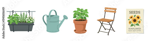 Set of illustrated gardening items including a balcony planter with herbs, a watering can, potted basil, a folding chair, and a packet of sunflower seeds in a flat vector style