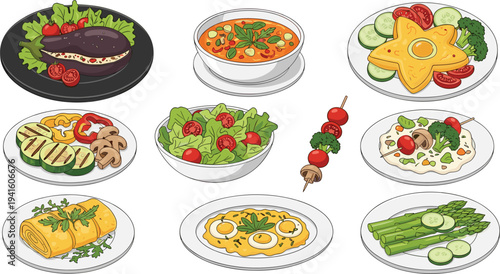 Healthy Breakfast and Lunch Dishes Vector Illustration Set Featuring Omelette Salad Soup Asparagus and Gourmet Plates