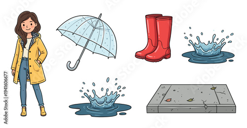 Charming illustrated set of rainy day essentials featuring a cute woman in a yellow raincoat, a transparent umbrella, red rubber boots, and splashing water puddles