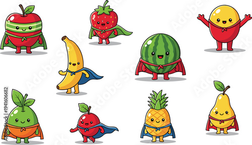 Cute Superhero Fruit Characters Vector Illustration Featuring Apple Banana Strawberry Watermelon Pineapple and More