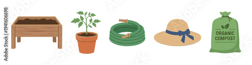 Gardening tools and supplies icon set featuring a raised bed, tomato plant, hose, straw hat, and compost bag for home horticulture and farming concepts in a flat vector illustration