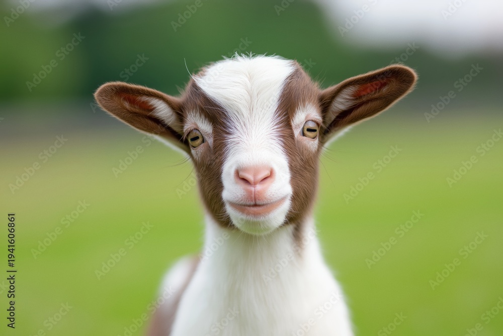 Fototapeta premium Baby brown-and-white goat kid headshot in a green pasture, curious gentle expression, close-up portrait capturing innocence and charm