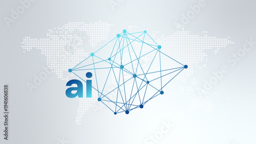 Artificial intelligence. AI neural network digital brain machine deep learning processing big data analysis technology. World map vector illustration. Blue network pattern. Silver background