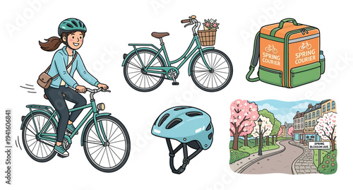 Various cartoon illustrations depicting a woman cycling, a bicycle, a helmet, a delivery bag, and a charming spring street scene, all rendered in a cheerful, clean line art style