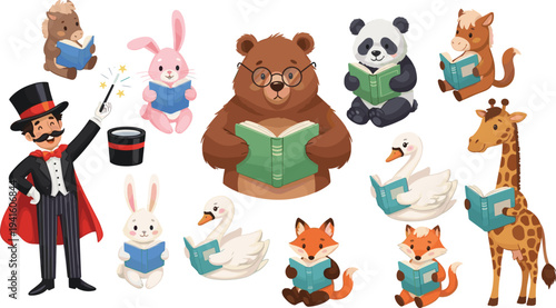 Cute Animals Reading Books Vector Illustration with Magician Bear Bunny Panda Fox Swan and Giraffe Characters