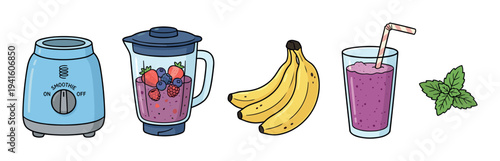 Collection of hand-drawn cartoon icons depicting the steps for making a fresh fruit smoothie, including a blender, berries, banana, a finished purple drink, and mint garnish