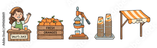 Cute cartoon icon set of a juice stand with a friendly girl vendor, fresh oranges, a manual citrus press, and paper cups, representing a small local business concept in a doodle style